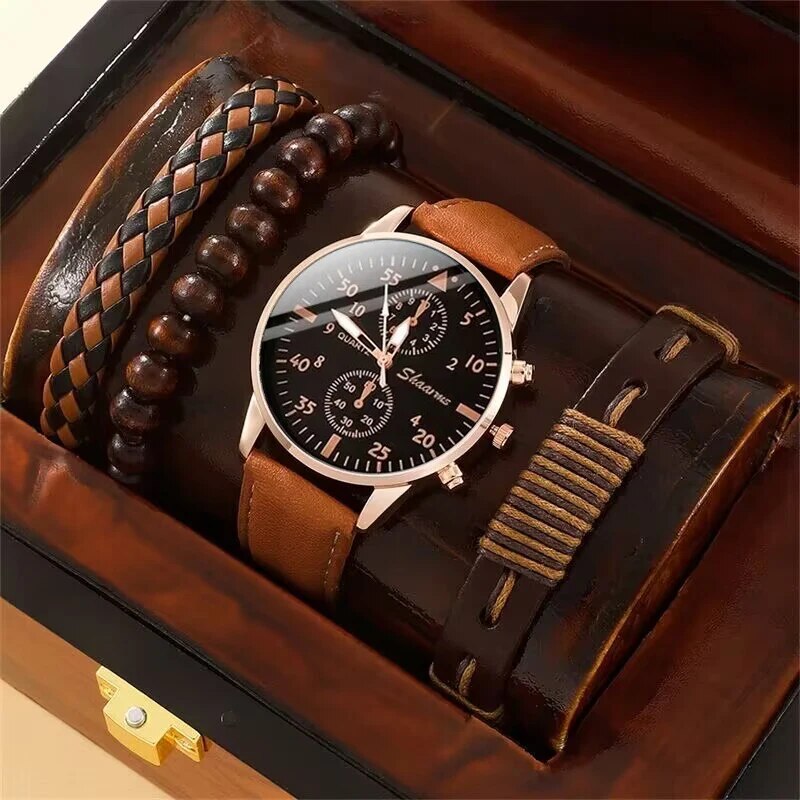 5 Stück einstellen Herren Sport uhren Mann Geschäft Quarz Armbanduhr Luxus Leder Armbinde Männer lässig Uhr Uhr: Gold