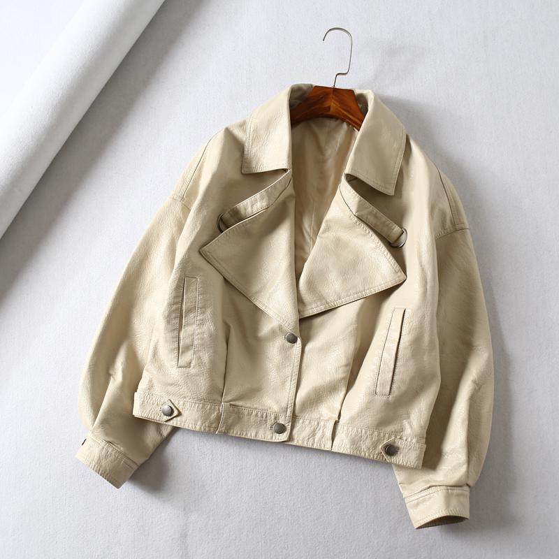 Fitaylor kobiety Faux skórzana kurtka rękaw w kształcie skrzydła nietoperza Vintage kurtka na rower krótki zamek błyskawiczny silnik PU czerwona kurtka wiosenna ulica płaszcz skórzany: Beige / L