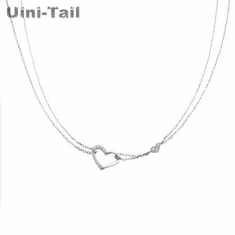 Uini-coda di vendita calda nuovo 925 sterlina d'argento doppio cuore-a forma di micro intarsiato collana di disegno della cavità romantico dolce fata dei monili: argento