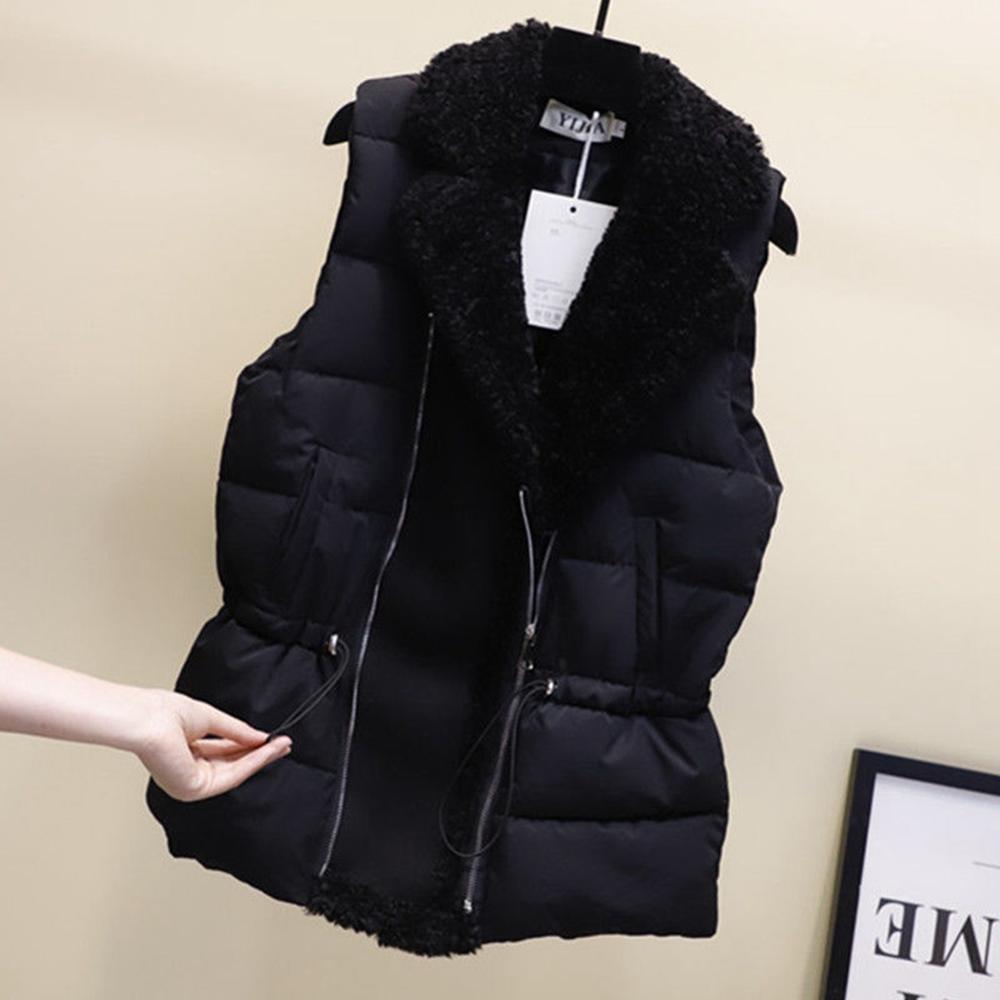 Plus size dames effen imitatie lamswol dikke warme vest jas zakken rits mouwloze jas gilet kantoor dame gilet femme: Zwart / Xxl
