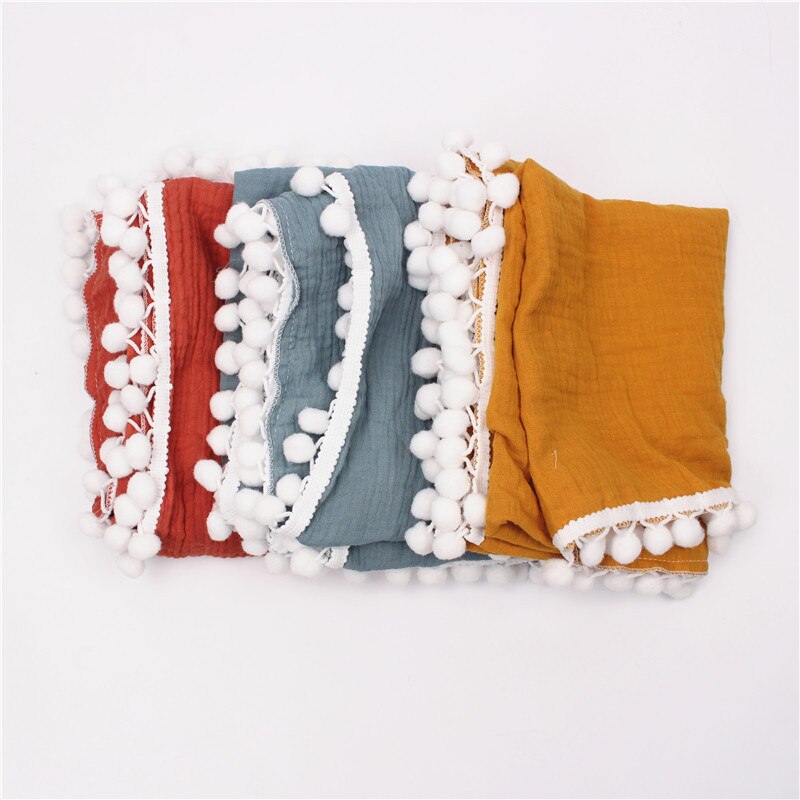 Mousseline Baby Inbakeren Deken Met Pom Poms Katoen Gaas Inbakeren Wrap Voor Baby &#39;S Pasgeborenen Ontvangen Dekens Baby Douche