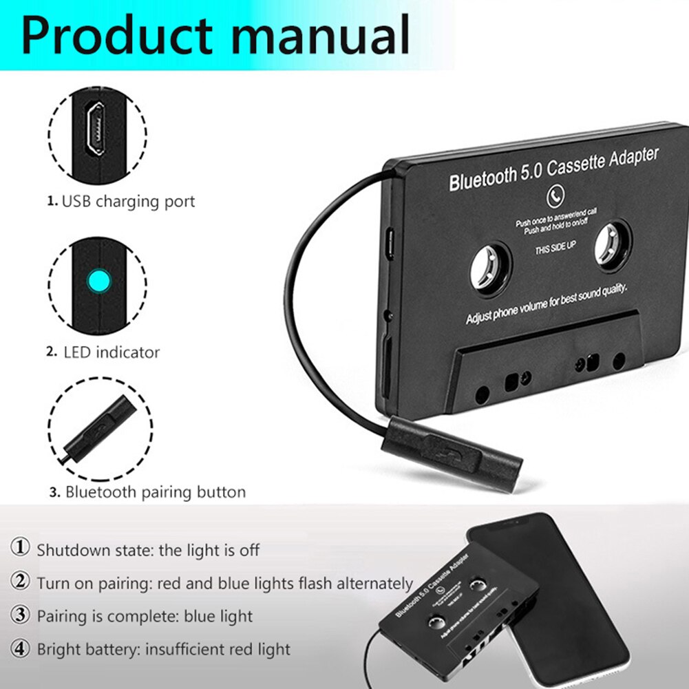 Bluetooth Audio Adapter - Cassette Player Converter for Car Stereo - MP3/SBC/Stereo Audio - 10m Range