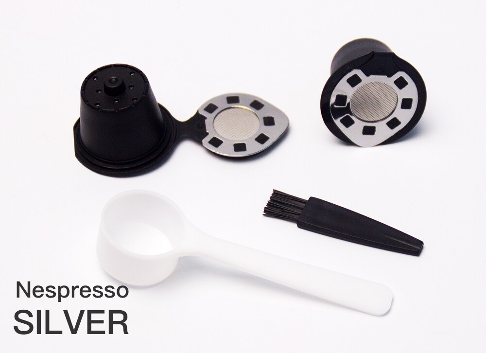 Filtre réutilisable pour capsules à café Nespresso | 2/4/6 pièces, dosettes de café rechargeables, outils de café, directe cuillère , brosse: 4 PCS / silver
