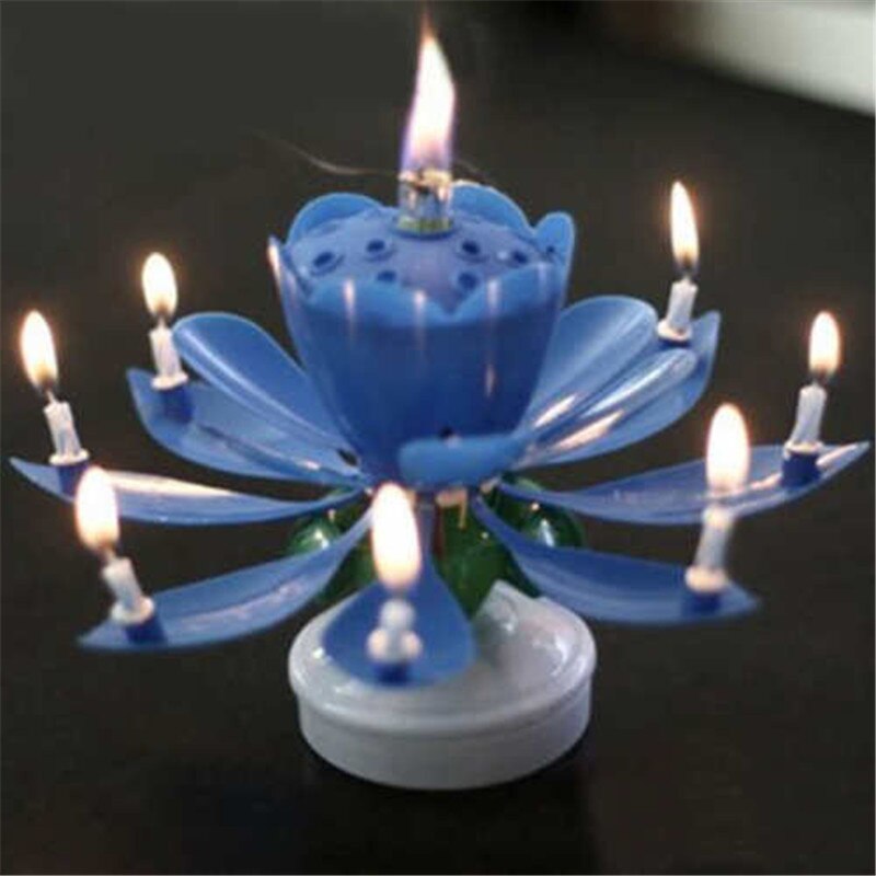 1pc smukke blomster lotusblomstlys fødselsdagsfest kage musik gnistre kage topper roterende lys dekoration: Blå