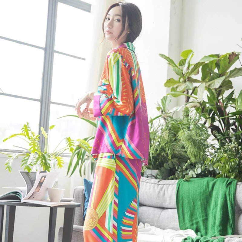 Kvinder silke pyjamas efterår koreansk nattøj løs cardigan lange ærmer bukser sæt 2 dele sexet satin pyjamas hjemmetøj