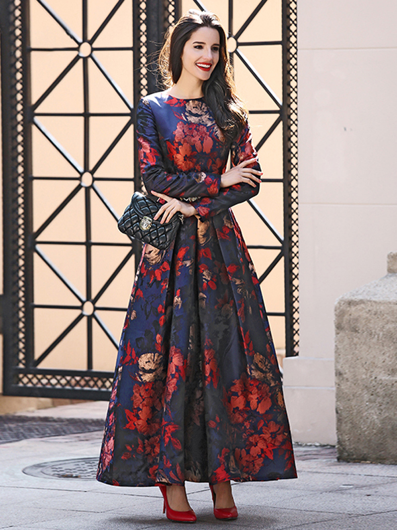 Plus Size Moslim Vrouwen Lange Mouw Lange Maxi Dubai Abaya Jurk Mode Bloemen Jacquard Jurk Fall Vintage S-4XL