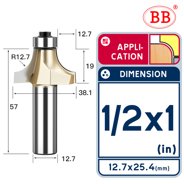 BB Corner Rounding Router Bit Concave Milling Cutter with Parallel Shank 1/2 1/4 Inch Woodworking Tool Round Edge Trimmer: 1-2x1