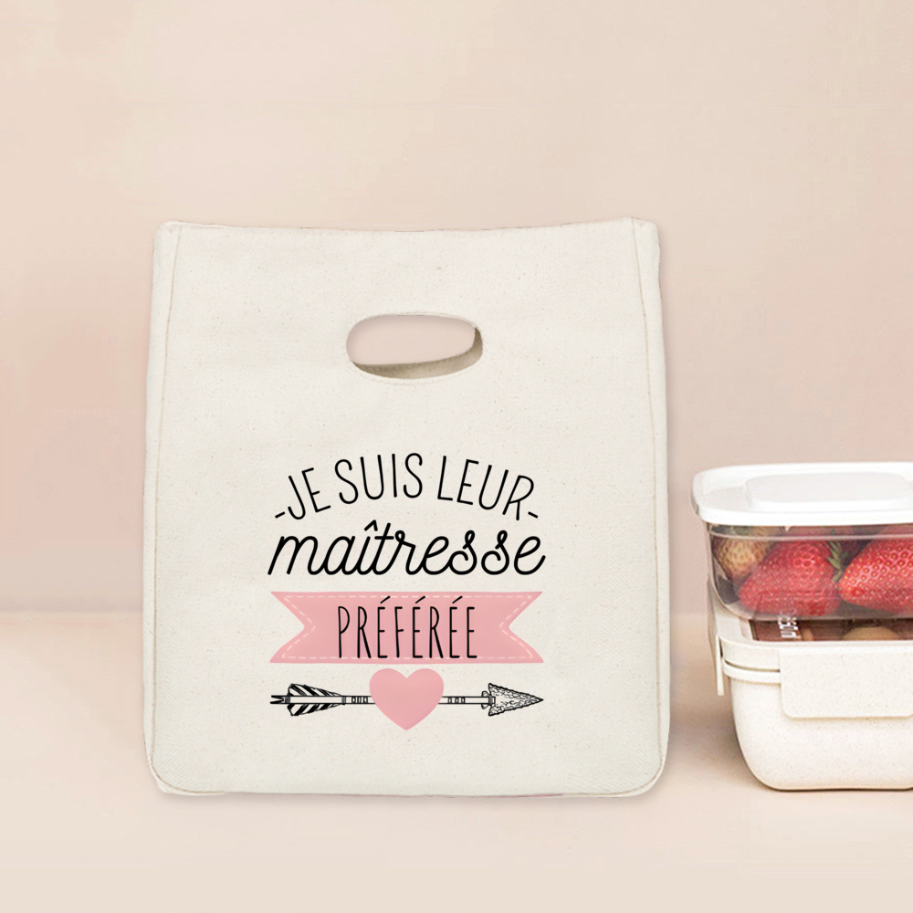 Merci Maitresse Maitre French Printed Lunch Bag Insulated Cooler Bento Tote Thermal Food Bags Teacher's Day for Teachers: Pink