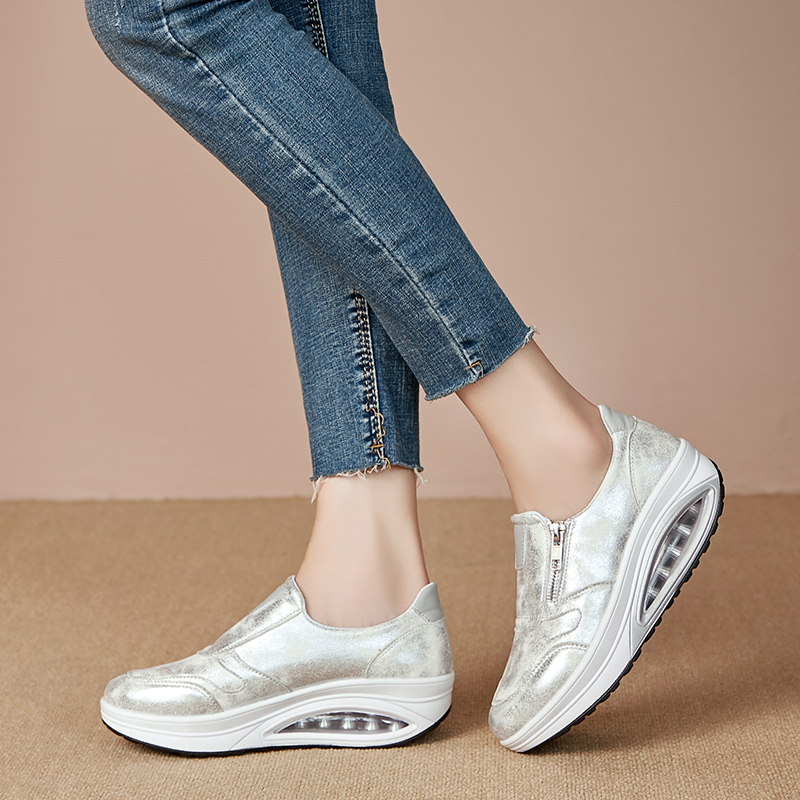 Air Cushion Shake Shoes Female Shoes Zipper Slip On Sneaker Outdoor Silver Deportivas De Mujer Sport Shoe Zapatillas Shape Ups: Silver / 5