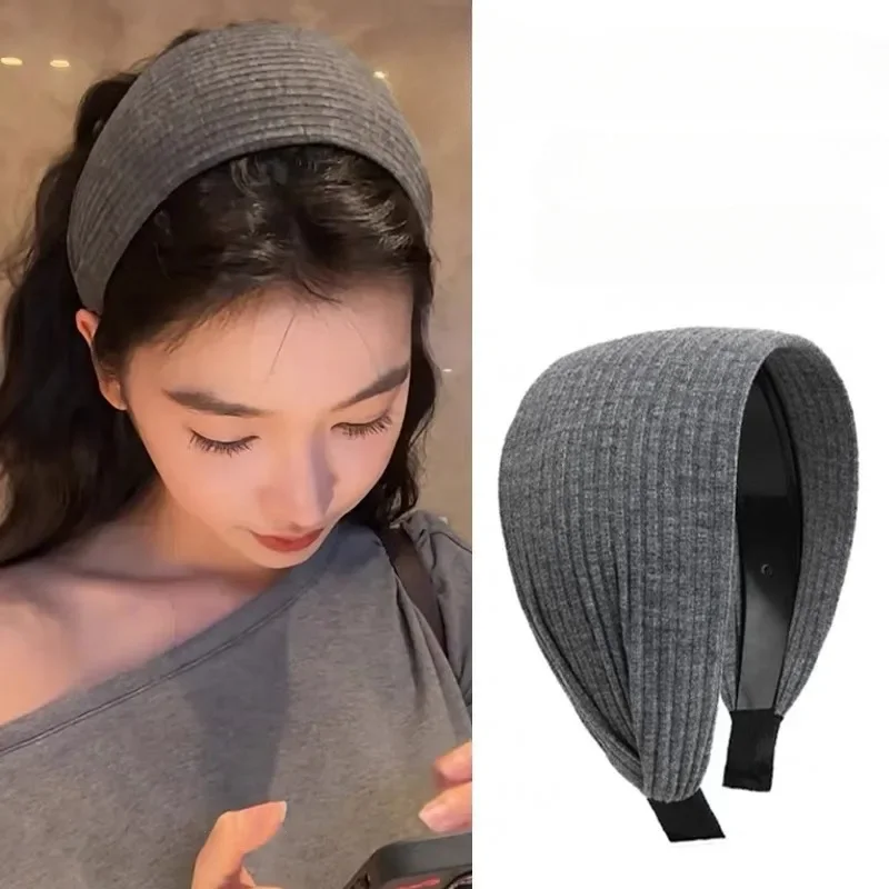 Mjuka, breda stickade hårband i bomull för kvinnor och flickor, koreansk, neutral, enfärgad turban med tänder, huvudband, huvudbonadsaccessoarer