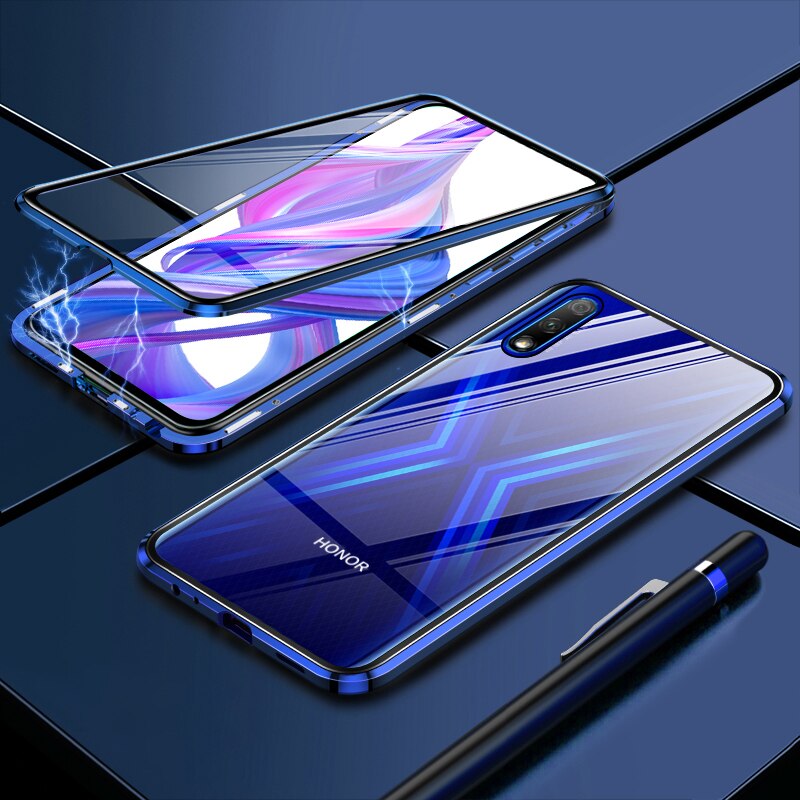 Luxury 2nd Magnetic Flip Cases for Huawei Honor 8X Front Back Double Sided Tempered Glass 360 Shockproof Phone Cover Honor8X 8 X: Blue  Double Glass