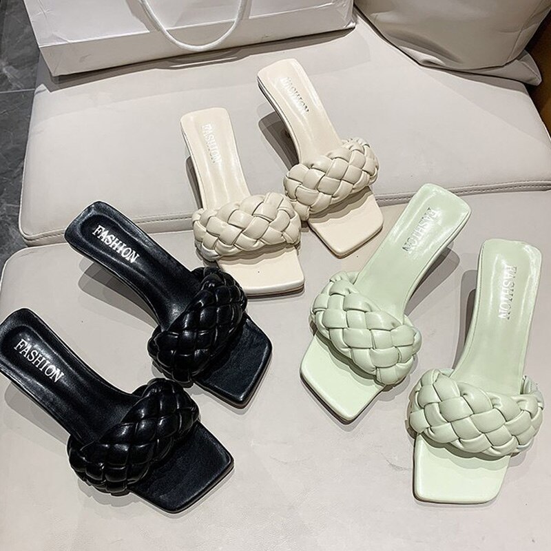 Dames Dunne Hakken Slippers Dames Zomer Slippers Pu Leer Vrouwelijke Waterdichte Mid Hakken Schoenen Vrouw Vierkante Teen Schoen