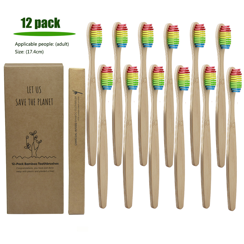 12pcs Natural Bamboo Handle hard Toothbrush Oral Care Eco-friendly Tooth Teeth Rainbow Bristles Brushes Travel Toothbrush: Multi