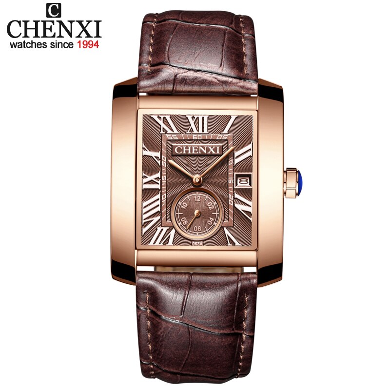 Chenxi firkantet ur herreure analoge kvarts armbåndsure herre læder vandtæt dato kronograf montre homme: Brun