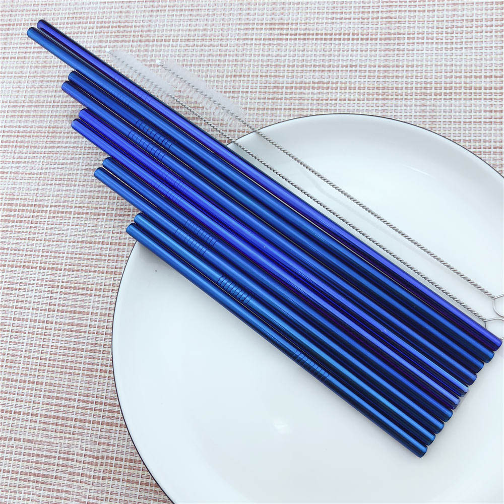 Jankng 2 stuks kleurrijke blauwe rietjes 304 roestvrijstalen rietjes 16/19/21/23/26cm drinkrietjes herbruikbare gebogen metalen rietjes met borstel