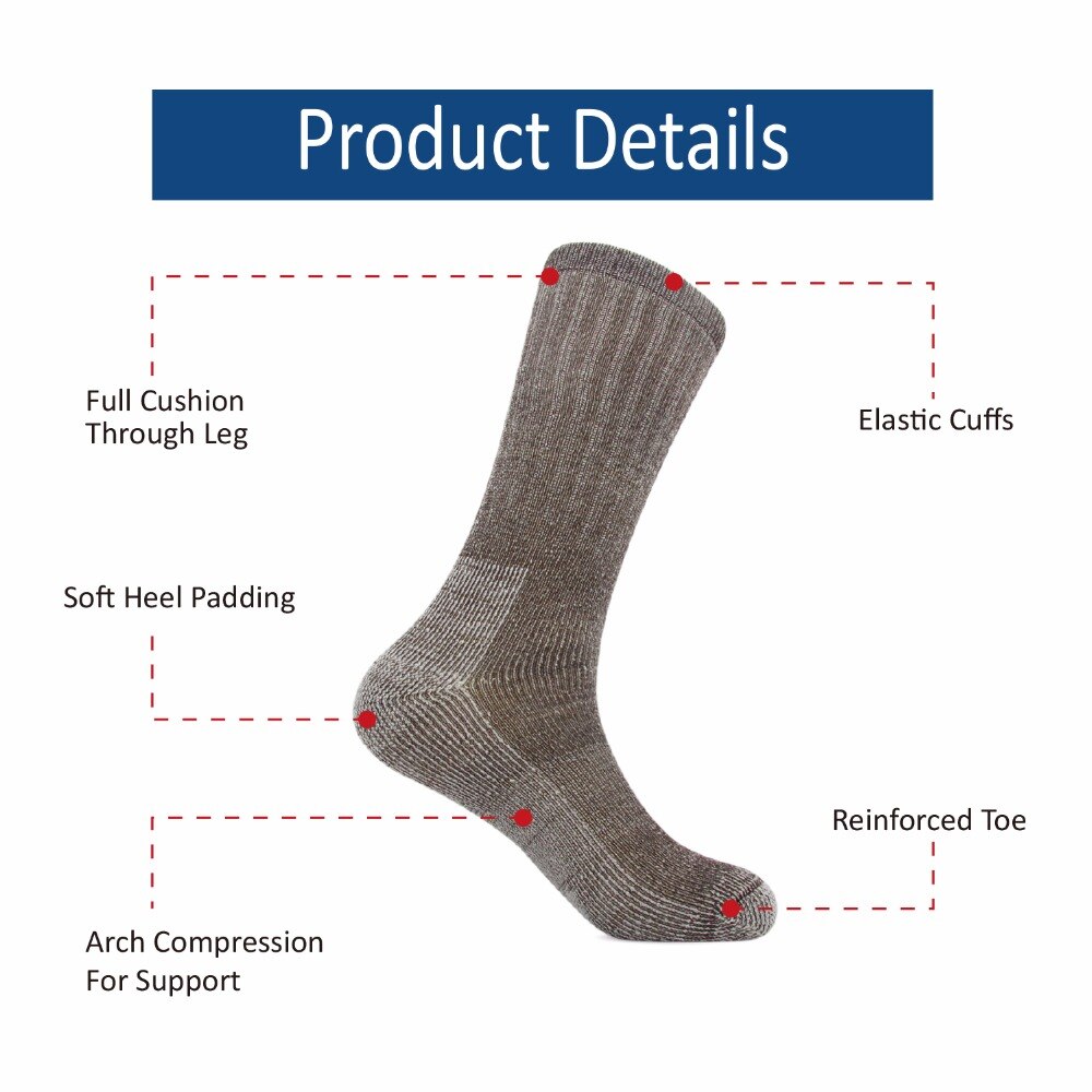 Solid brown 3 pairs/bag Vihir Men's Cushioned Thick Merino Wool Crew Sock for Skiing, Trekking, Hiking