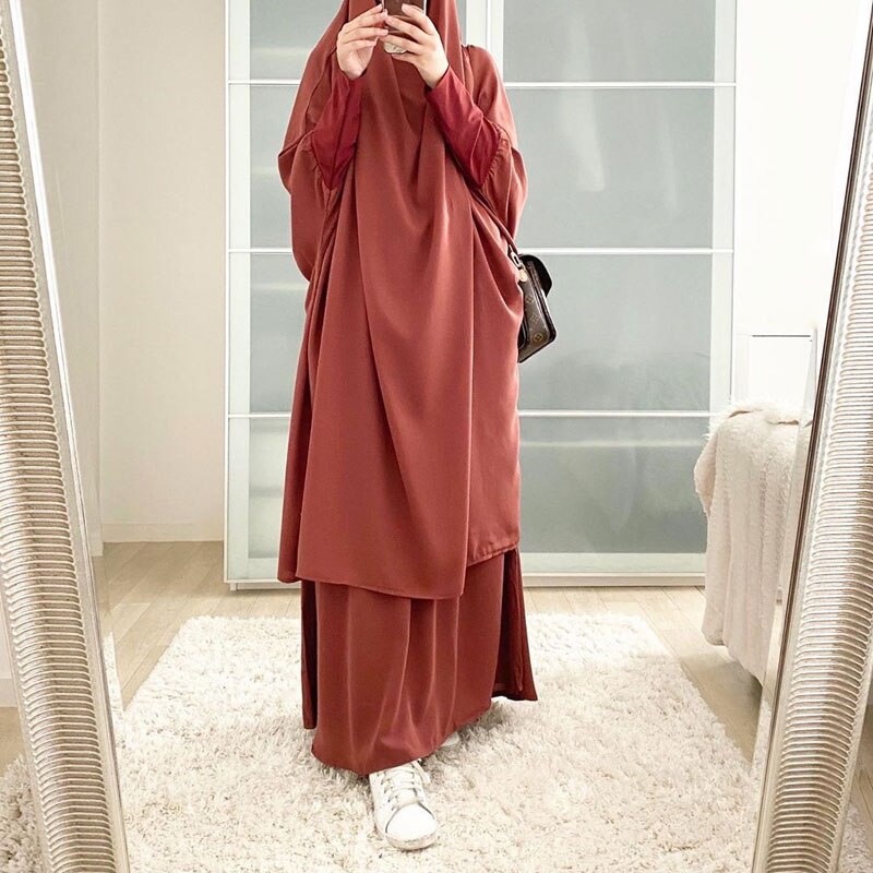 Eid Ramadan Muslim Set Two Piece Prayer Garment Nida Abaya Dress Women