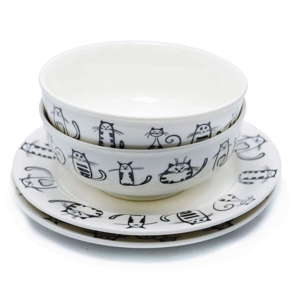 Bonjour Cute cerámica plato de gato taza tazón pequeños platos conjuntos de cena única plato postre bandeja bandeja de juego de platos y cubiertos Cocina