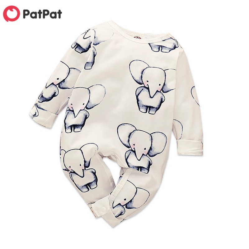 PatPat Spring and Autumn Cute Allover Elephant Long-sleeve Jumpsuit in White for Baby Buy Clothes