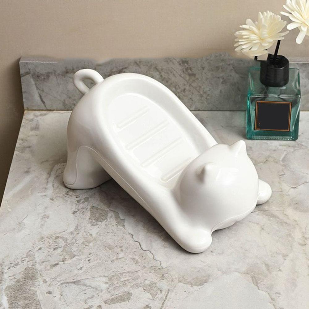 Seifenschale Drainable Schwamm Seife Bar Container Nette Katze-förmigen Kreative Wasser Ablauf Seife Tablett Waschen Schwamm Halfter Für Haushalt: WEISS