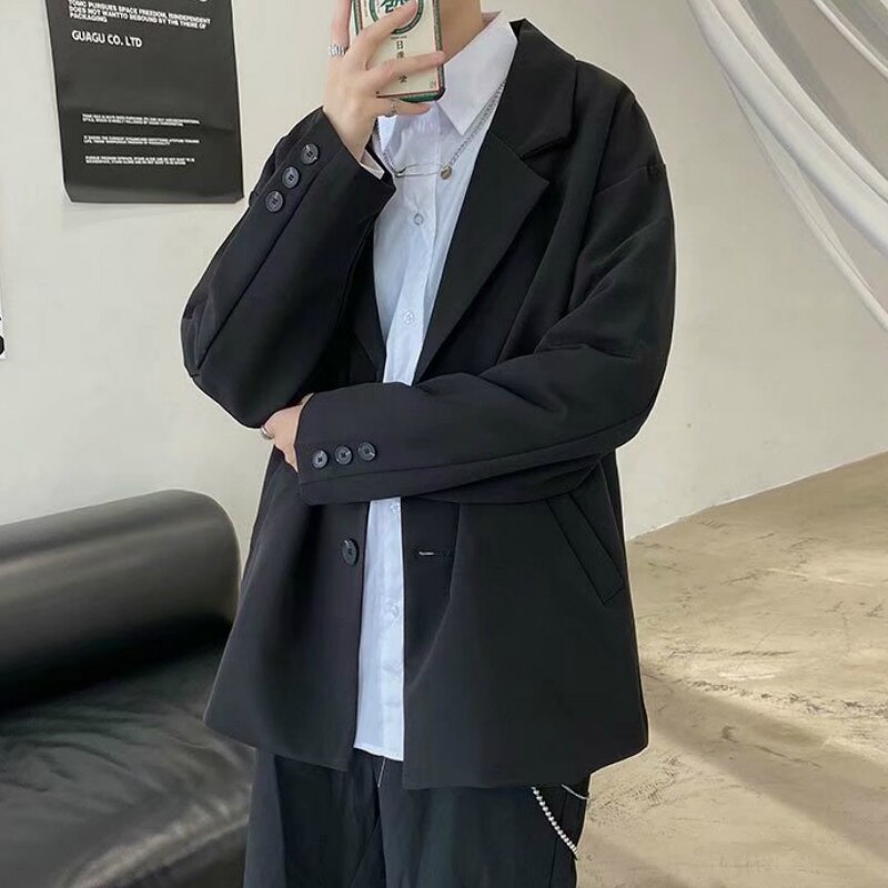 Chaquetas de los hombres primavera negro solo Breasted Oversize flojo Retro de de estilo coreano Ins estudiante Ulzzang-Encuentro de trajes de hombre Chic
