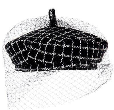 JOEJERRY Wol Baret Vrouwelijke Franse Hoed Tweed Baret Plaid Hoed met Sluier Voor Bruiloft: Default Title