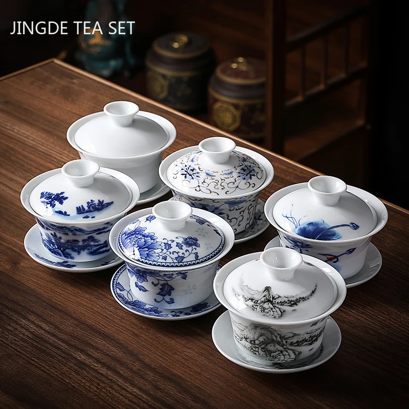 Chinese Blue and White Porcelain Gaiwan Portable Travel Tea Bowl Home Ceramic Teacup Handmade Teaware Personal Single Cup 140ml