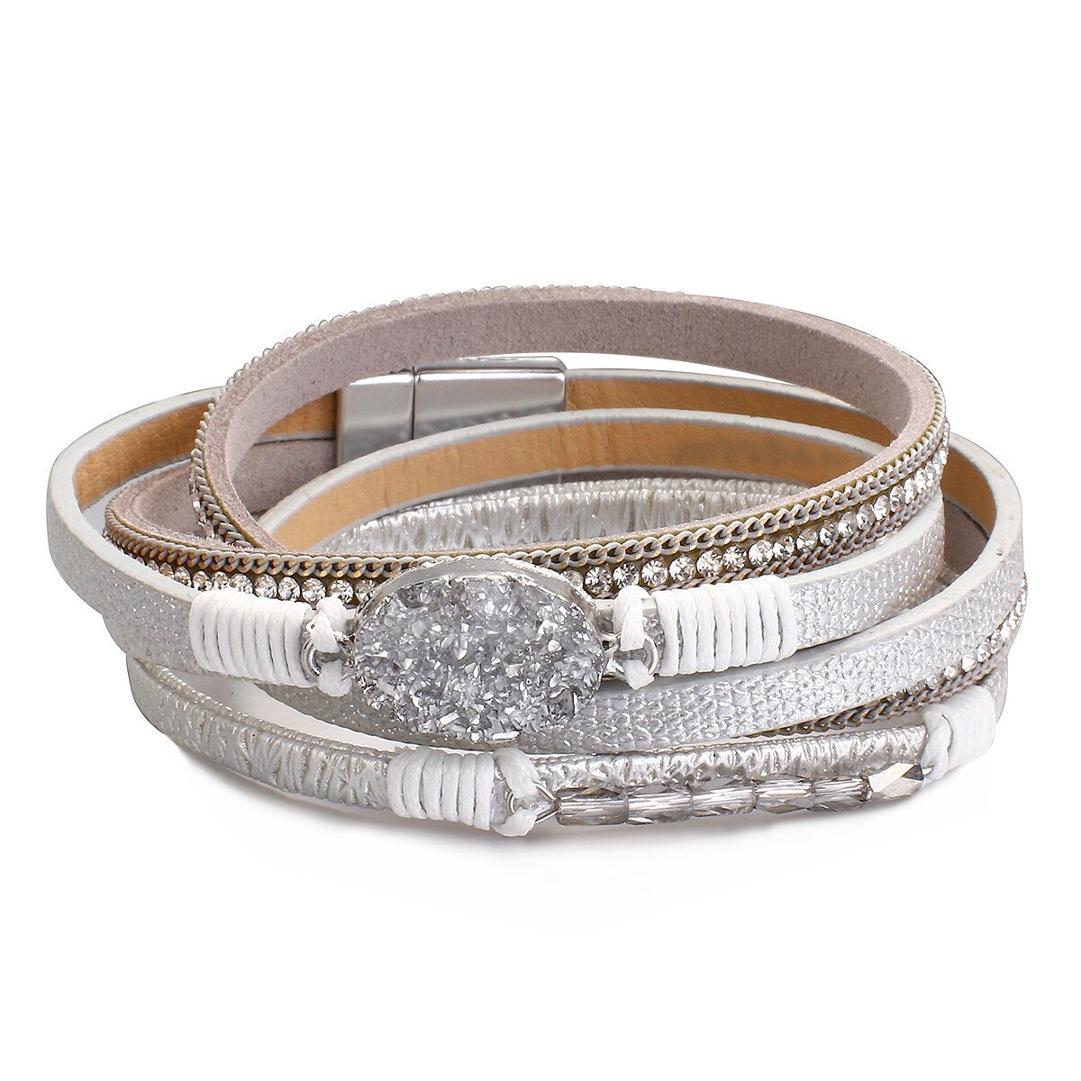 Allyes Lange Hars Lederen Armbanden Voor Vrouwen Boho Rhinestone Charm Magnetische Gesp Gevlochten Wrap Armband Sieraden: Silver