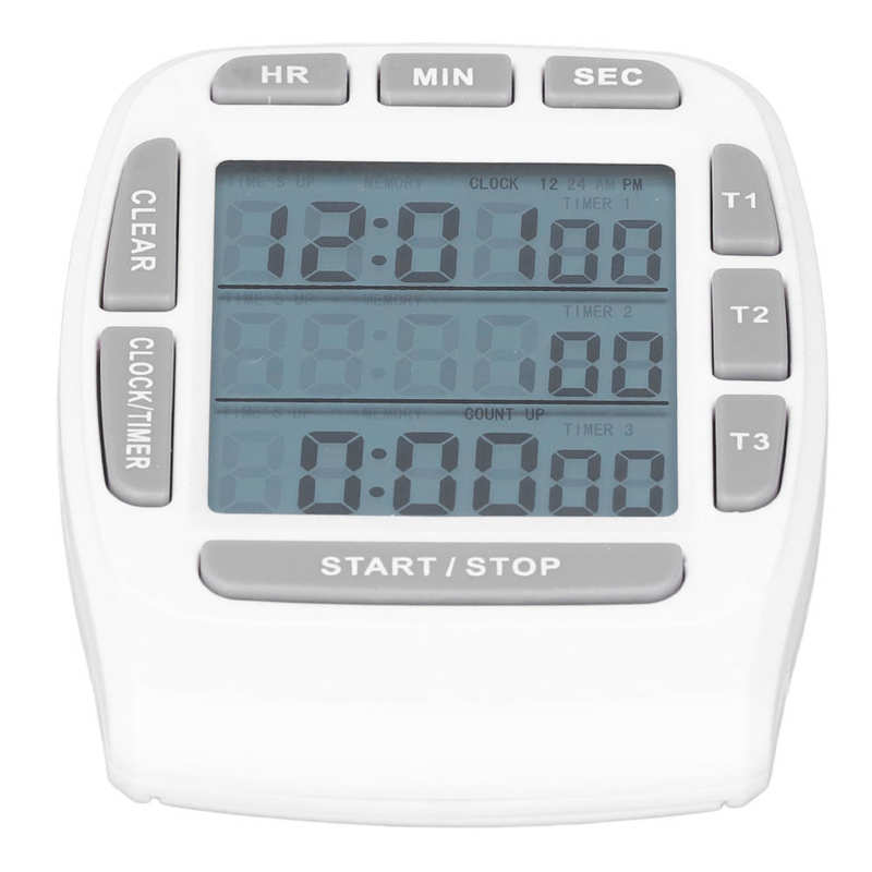 Triple minuterie horloge compte à rebours 4.0x4.4cm écran LCD multifonction blanc batterie intégrée