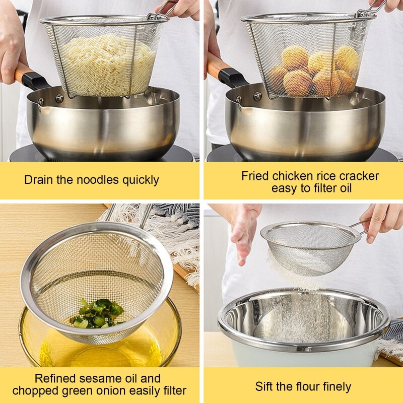 Deep Round Fryer Wire Mesh French Chip Frying Basket 201 Stainless Steel French Fry Serving Strainer Basket with Handle