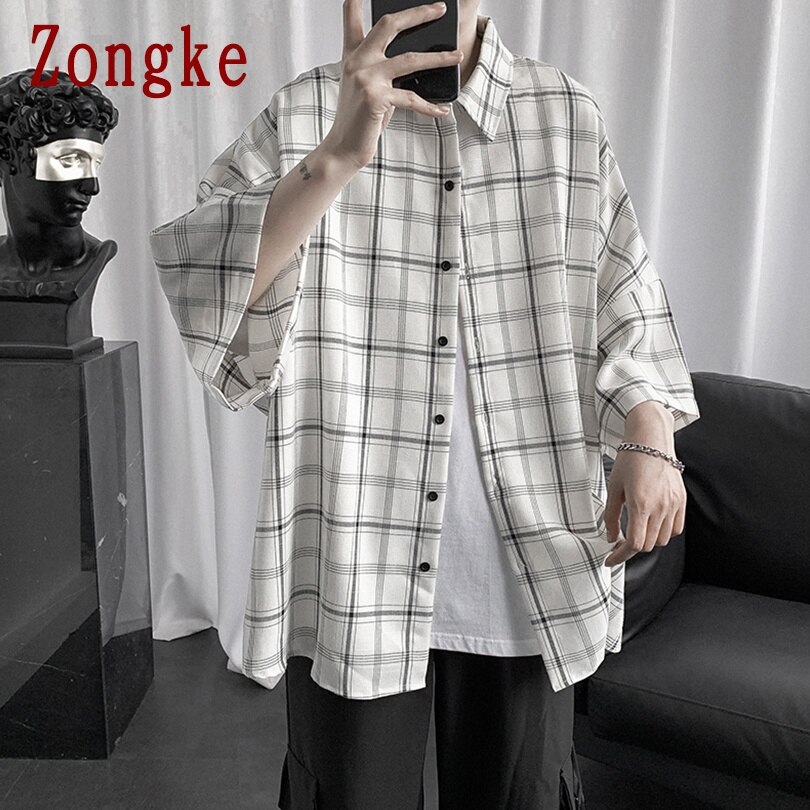 Zongke Plaid Casual Shirts For Men Clothing Checkered White Shirt Men Streetwear Men Shirt Long Sleeve M-2XL