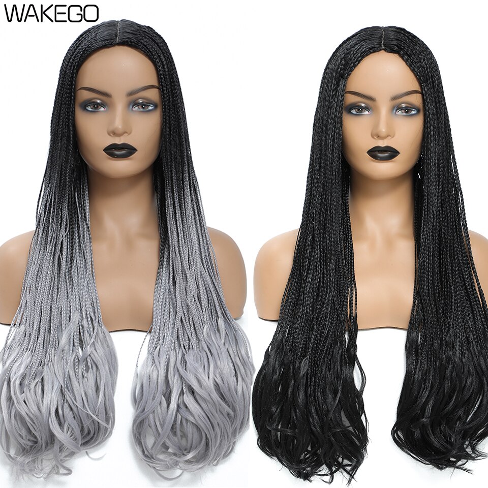 Wakego Wig Straight Box Braided Wigs With Wavy End For Women Daily Use perruque tresse africaine natte collée perruque pas cher
