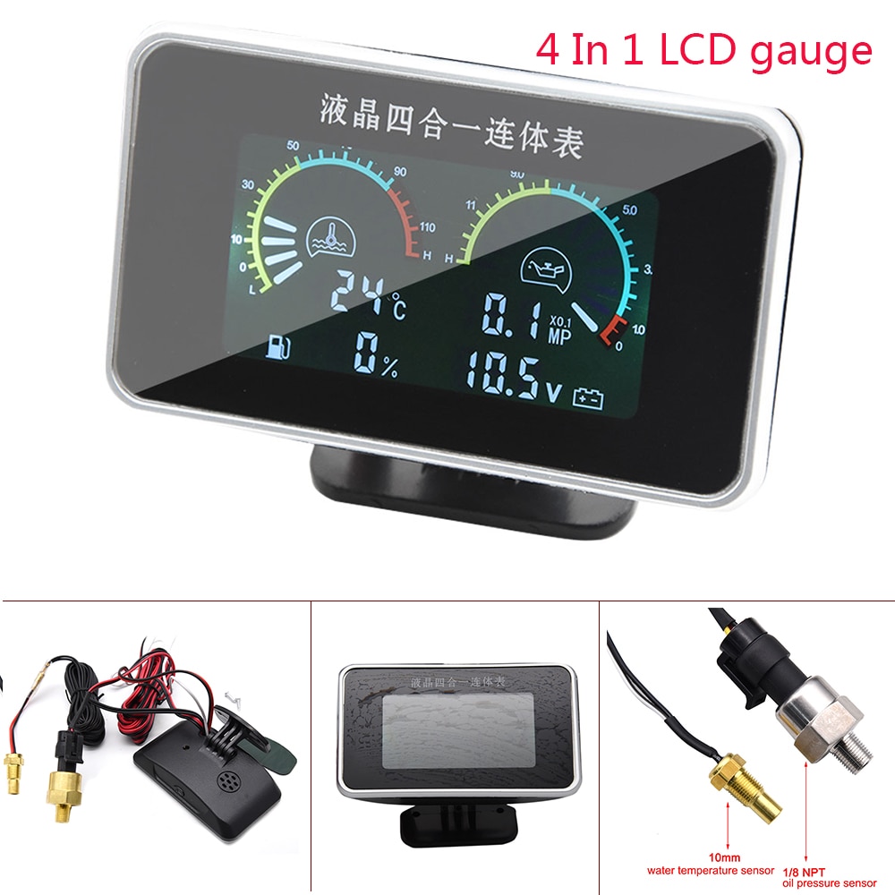 Waterproof Digital LCD Gauge 4 In 1 Digital Gauge Water Temp Gauge with Sensors Fuel Oil Pressure Gauge 1/8 NPT Voltmeter