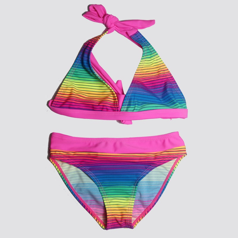 Girl Rainbow Color Bathing Suit Girls Tight Elastic Stripe Swimwear Children Split Swimwear Girls Bikini Girl Beach Swimsuit: A / 6