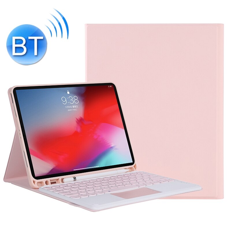 Dla iPad Pro 11 (2021) odpinany cukierki kolor skóry tekstury okrągły Keycap klawiatura Bluetooth skórzany pokrowiec z kontrolą dotykową: Pink