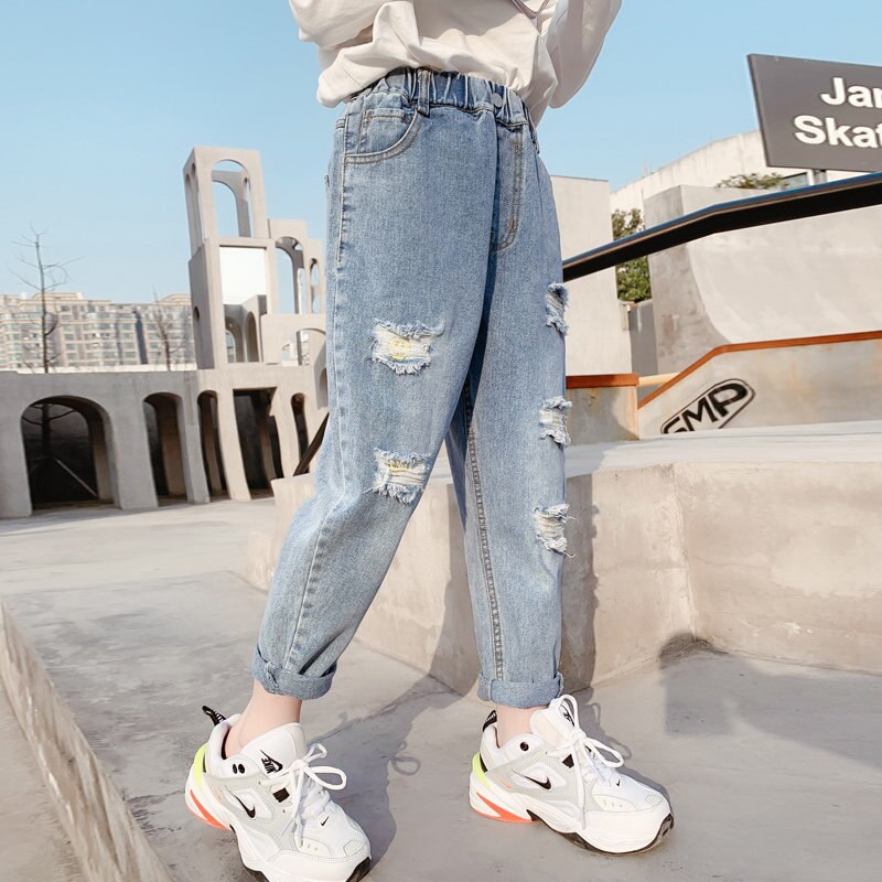 Teen Girls Harem Pants With Five Destroy Hole Spring Autumn High Waist Ripped Kids Teenager Denim Trousers 4-14Years