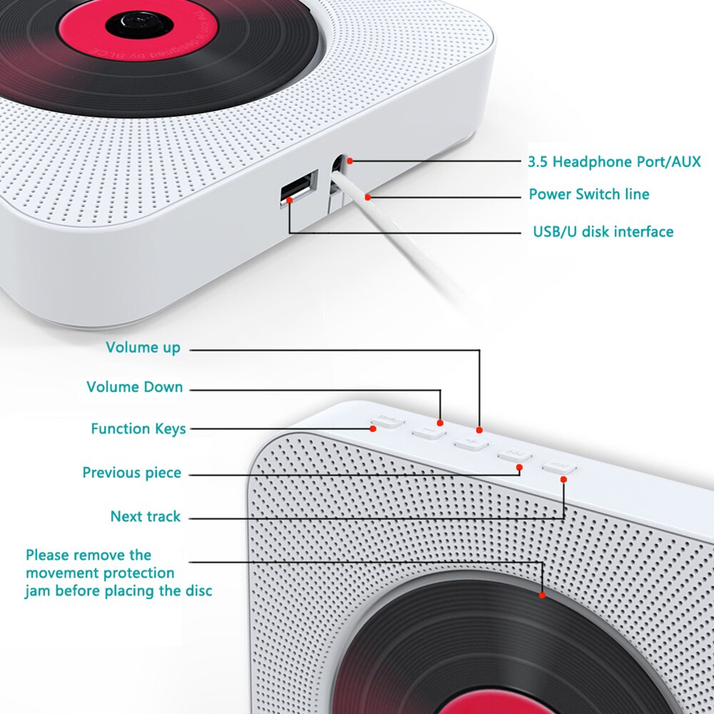 Portable CD Player Music Player Stereo Speaker Wall-mounted Home Bluetooth Audio Boombox FM Radio USB MP3 AUX Input Output