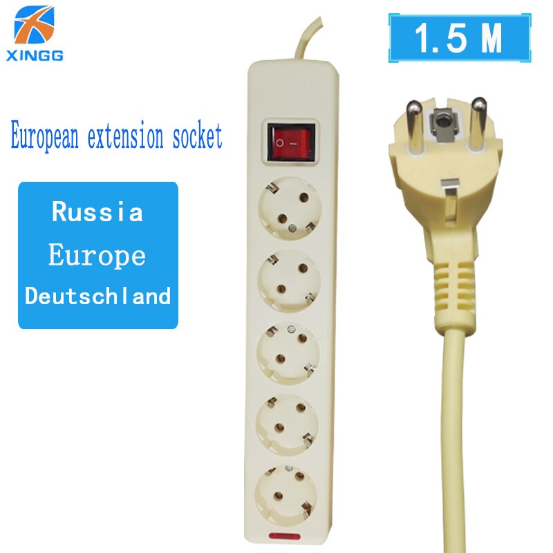 EU Europese Plug Power Strip Met Schakelaar AC Elektrische 4/5/6 Outlets Extension Socket Cord Kabel 1.5 M 16A 250 V: 5 outlets 1.5M