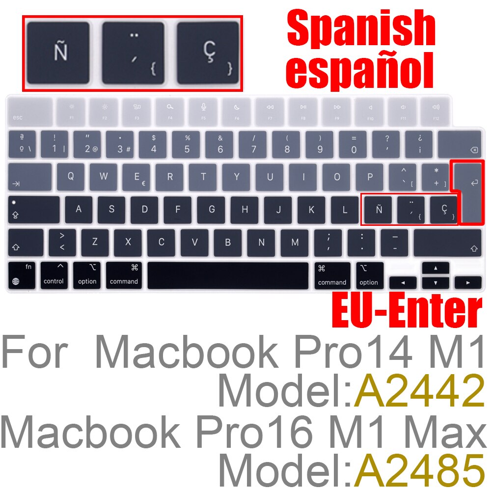 Farve silikone spansk/chile tastatur skin cover til macbook pro 14 a2442 m1 chip pro 16 m1 max  a2485 tastatur cover: Eu-es-grå