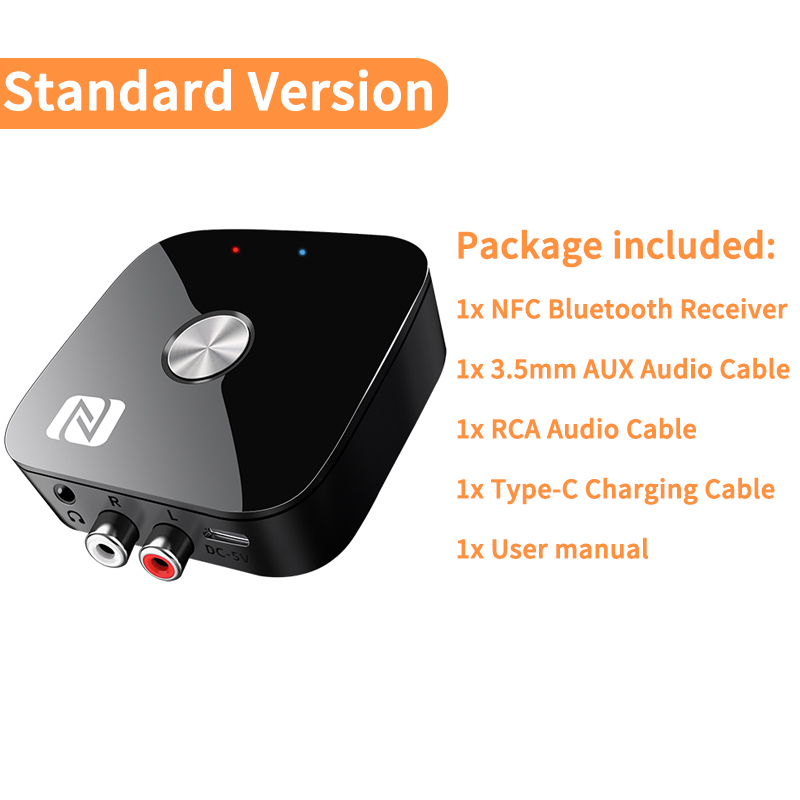 Receptor de Audio T68 Bluetooth 5,3 NFC 3,5mm AUX RCA adaptador inalámbrico estéreo USB u-disk HIFI música sin pérdidas para Kit de altavoz para coche: Negro