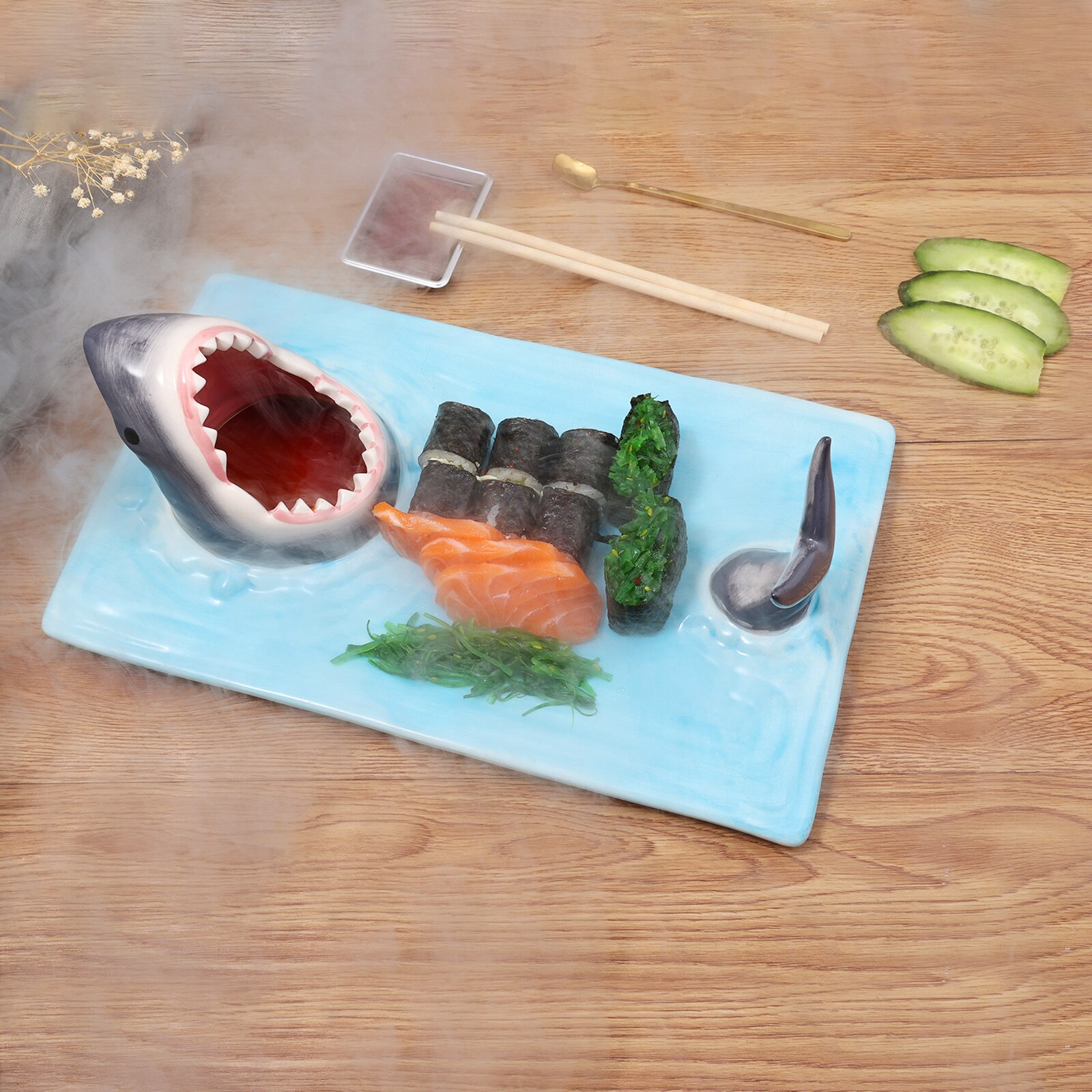 Plato de Sushi de cerámica con forma de tiburón, tabla rectangular de queso, mesa de comedor, decoración de cocina, novedad