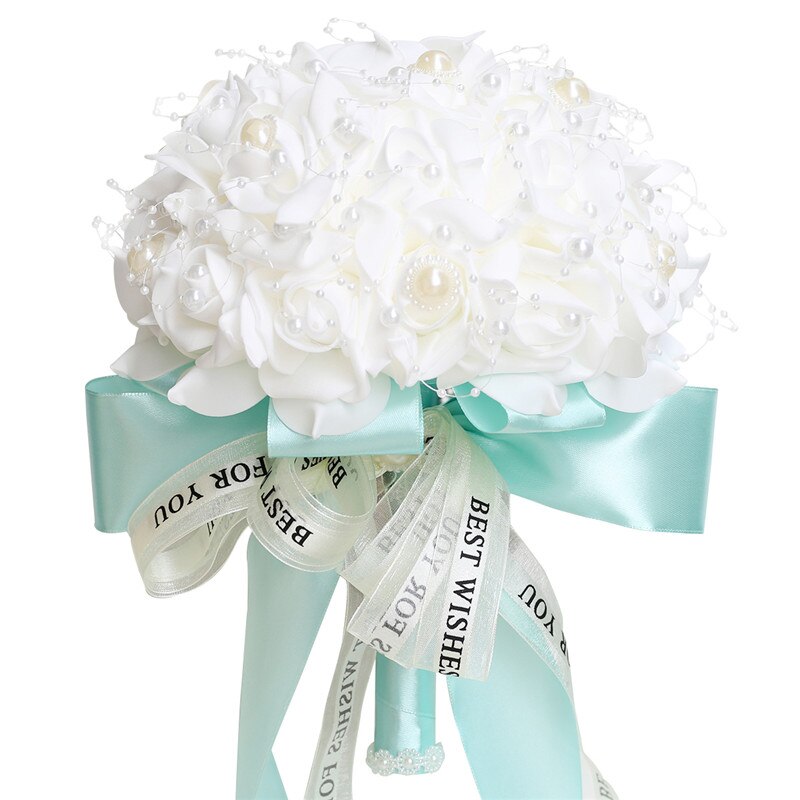 Fleur Rose PE Bouquet demoiselle d'honneur tenant des fleurs mariée ruban De soie Bouquets De Mariage mousse Rose avec perle fête De Mariage W205: white green