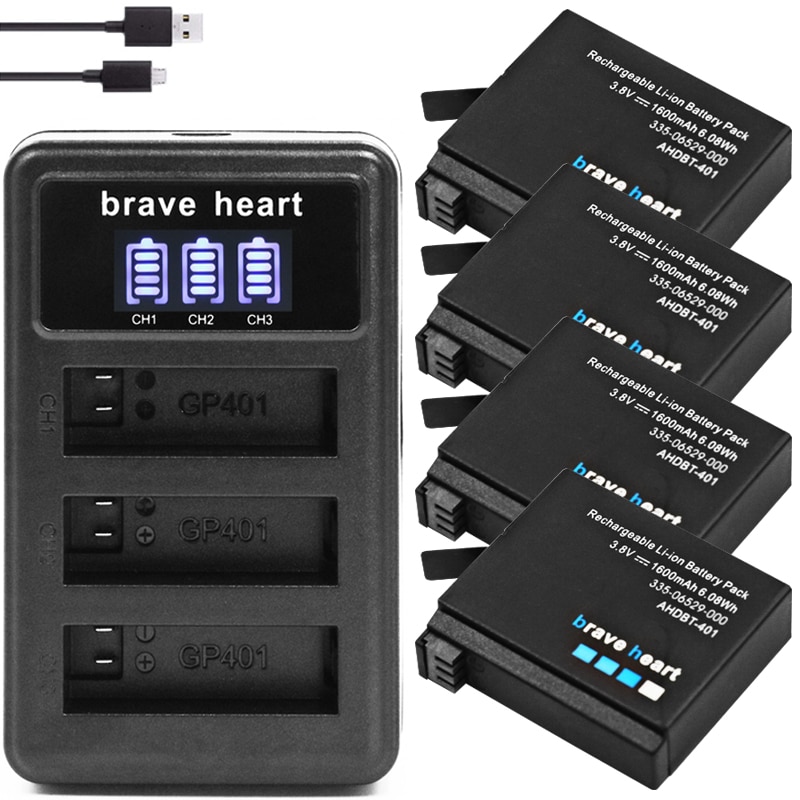 4 Stuks 1600Mah Gopro Hero 4 Batterij Vervanging + Led 3-Slots Usb Lader Voor Gopro HERO4 Gopro AHDBT-401 Actie Camera Bateria