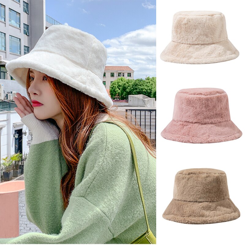 Winter Autumn Thick Warm Soft Lamb Wool Women Bucket Hat Solid Color Female Ladies Flat Top Hat Beanie Bonnet