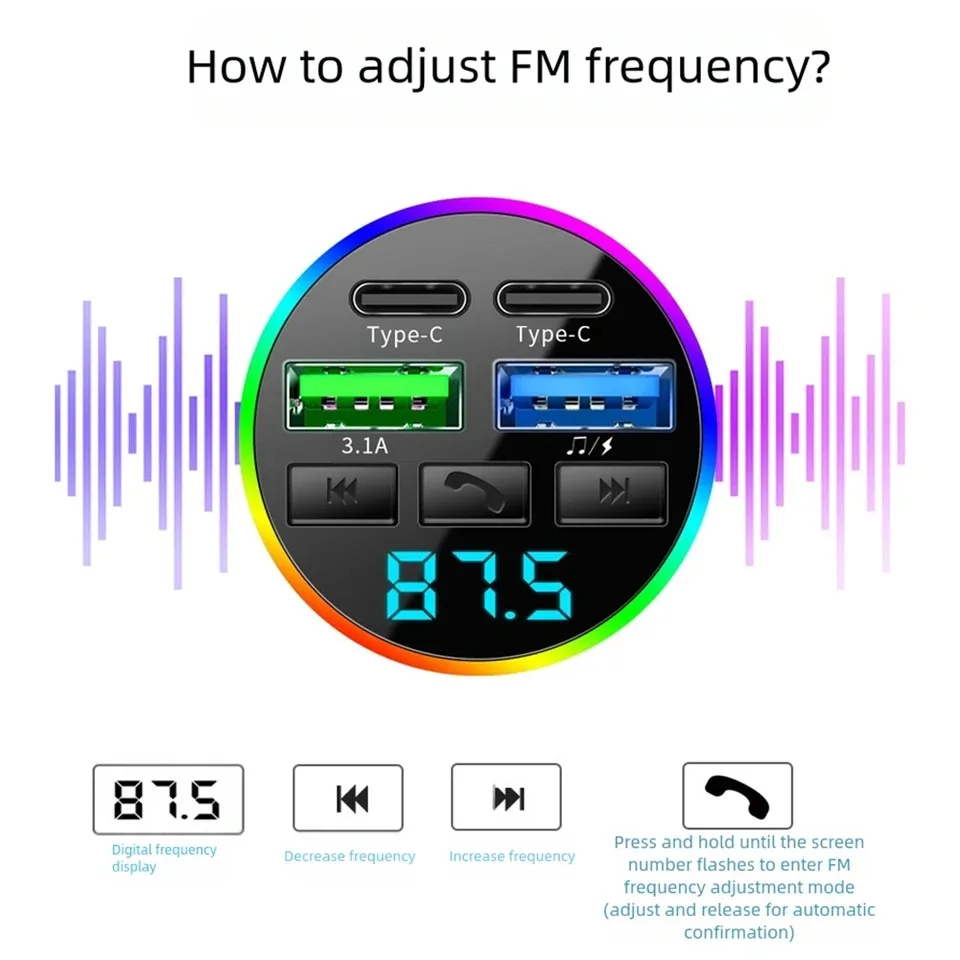 Bluetooth 5.0 FM-zender Autolader Adapter 3.1A Dual USB Autolader met digitaal display Handsfree MP3-muziekspeler