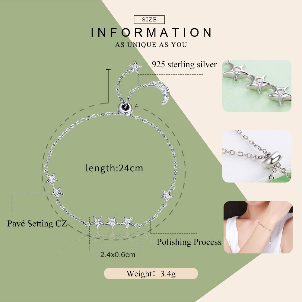 Wostu merk echt 925 sterling zilveren maan & sterren verstelbare kettingarmband voor vrouwen fijne sieraden jaar cqb 007