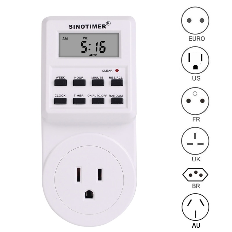 230/220v ac programmeerbare timers, wekelijks programmeerbare elektrische stopcontact timer schakelaar, eu uk us fr stekker standaard met klok