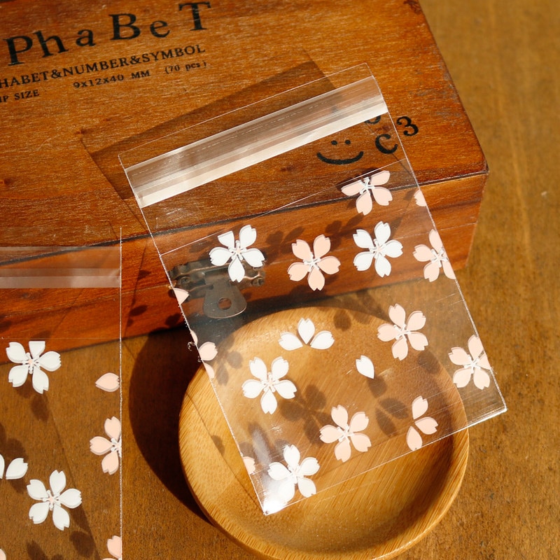 100pcs Sakura Transparante Cookie Verpakking Zakken zelfklevende Plastic Zak 7x7cm Plastic Envelop Kantoor School levert