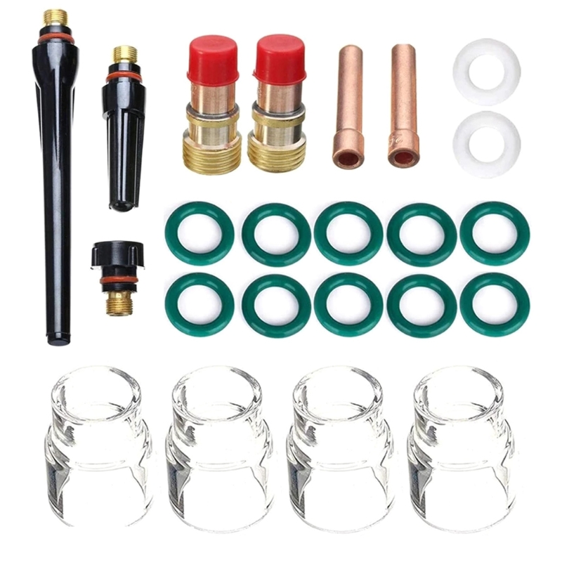 23Pcs TIG Welding Torch Stubby Gas Lens For WP17 WP18 WP26 TIG Back Cap Collet Bodies Spares Kit Pyrex Glass Cup