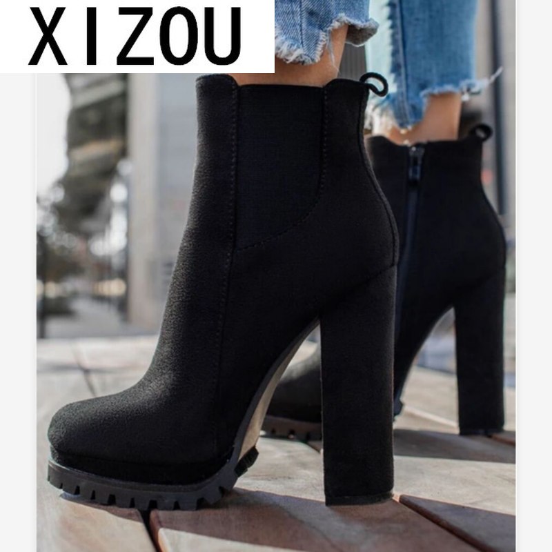 ¡Novedad de ! Botines de mujer elásticos con plataforma de tacón grueso abrigados de otoño invierno botas negras de trabajo para mujer